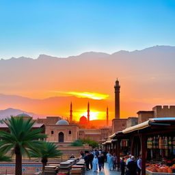 A beautiful landscape of Iran showcasing its diverse geography, featuring the majestic Alborz mountains in the background, a colorful sunset casting a warm glow over the ancient city of Yazd with its unique mud-brick architecture, palm trees swaying gently in the breeze, traditional Persian architecture, intricately designed tile work visible on the historic mosques, and a clear blue sky overhead