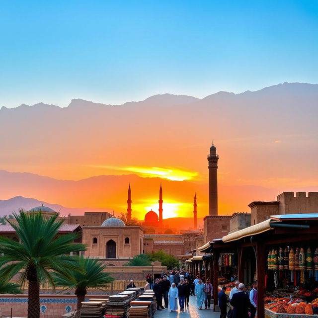 A beautiful landscape of Iran showcasing its diverse geography, featuring the majestic Alborz mountains in the background, a colorful sunset casting a warm glow over the ancient city of Yazd with its unique mud-brick architecture, palm trees swaying gently in the breeze, traditional Persian architecture, intricately designed tile work visible on the historic mosques, and a clear blue sky overhead