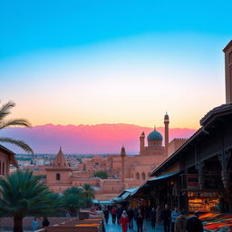 A beautiful landscape of Iran showcasing its diverse geography, featuring the majestic Alborz mountains in the background, a colorful sunset casting a warm glow over the ancient city of Yazd with its unique mud-brick architecture, palm trees swaying gently in the breeze, traditional Persian architecture, intricately designed tile work visible on the historic mosques, and a clear blue sky overhead