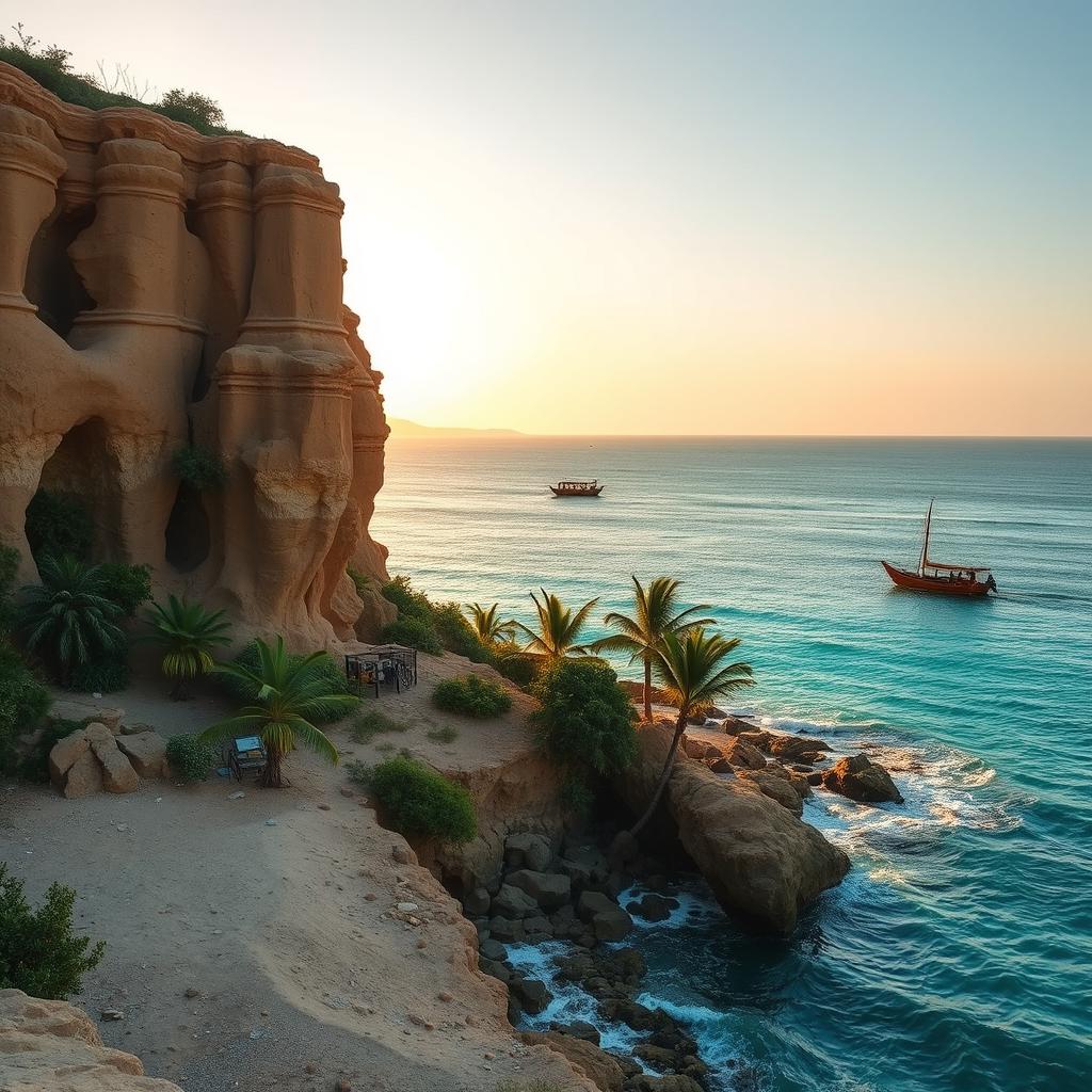 A stunning view of Qeshm Island, showcasing its unique geological formations with dramatic cliffs, lush greenery, and the turquoise waters of the Persian Gulf