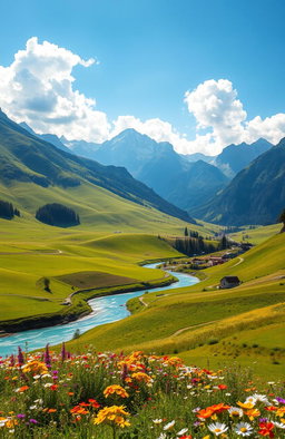 A breathtaking landscape representing 'The Land of Hope', showcasing rolling green hills, vibrant wildflowers in a spectrum of colors, and a clear blue sky
