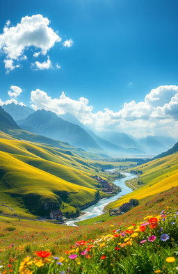A breathtaking landscape representing 'The Land of Hope', showcasing rolling green hills, vibrant wildflowers in a spectrum of colors, and a clear blue sky