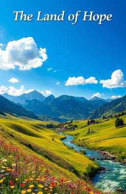 A breathtaking landscape representing 'The Land of Hope', showcasing rolling green hills, vibrant wildflowers in a spectrum of colors, and a clear blue sky