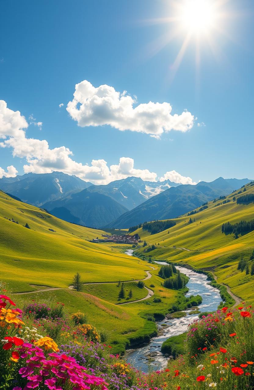 A breathtaking landscape representing 'The Land of Hope', showcasing rolling green hills, vibrant wildflowers in a spectrum of colors, and a clear blue sky