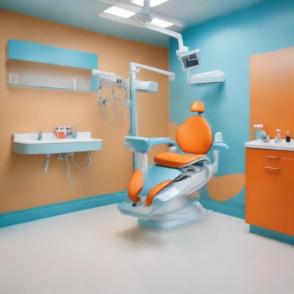 A vibrant dental unit featuring an orange dental chair, white floor, and light blue walls. The unit radiates positivity and energy, balances professional requirements with a playful color scheme, and is equipped with state-of-the-art dental equipment.