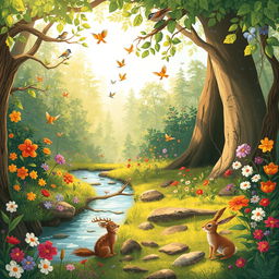 A whimsical and colorful depiction of a serene forest glade filled with vibrant flowers and gentle streams