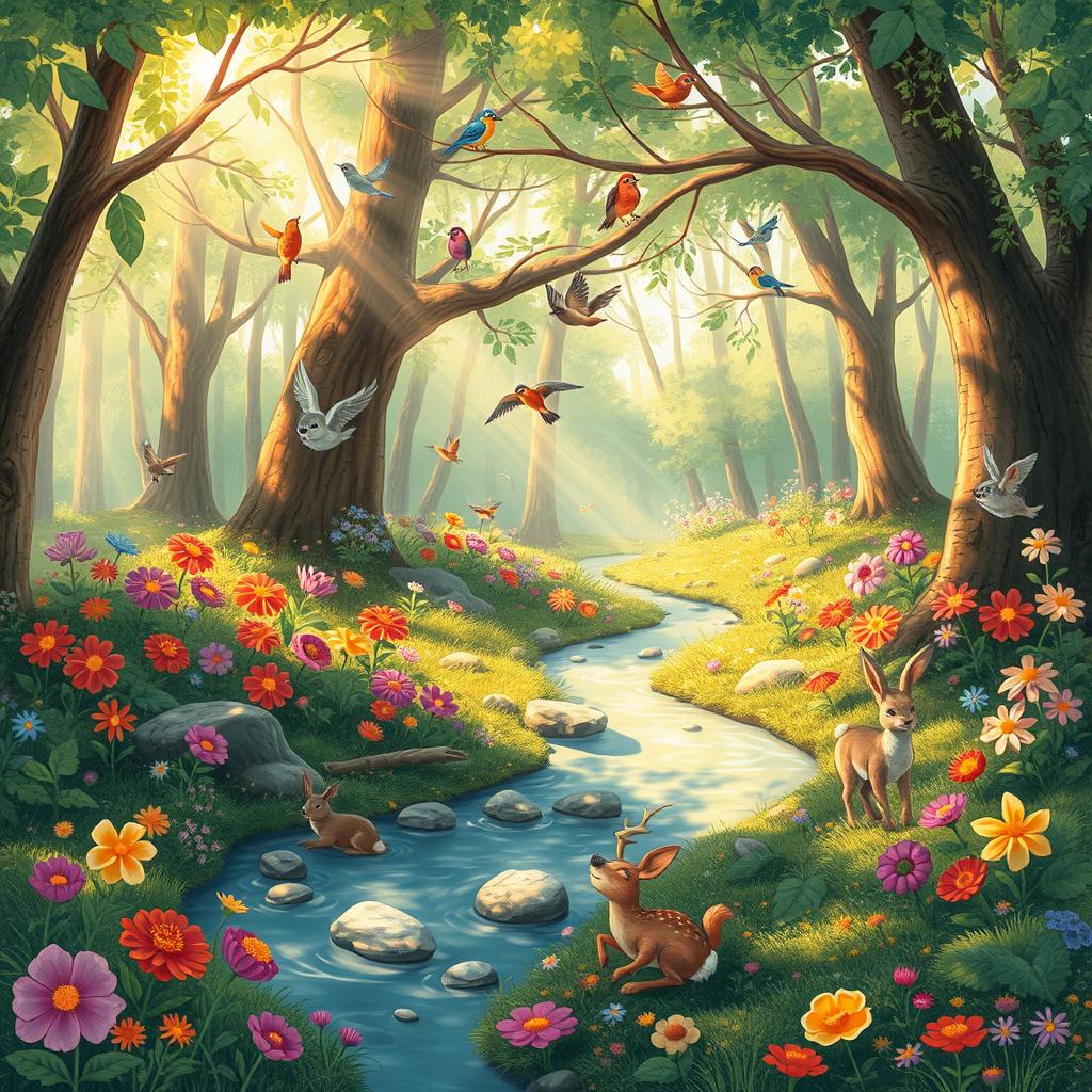 A whimsical and colorful depiction of a serene forest glade filled with vibrant flowers and gentle streams