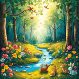 A whimsical and colorful depiction of a serene forest glade filled with vibrant flowers and gentle streams