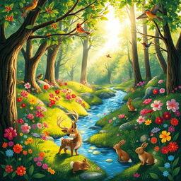 A whimsical and colorful depiction of a serene forest glade filled with vibrant flowers and gentle streams