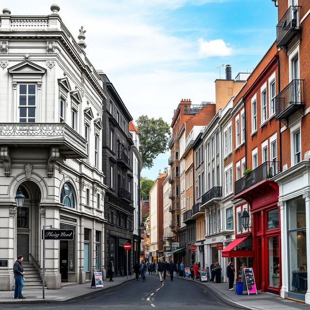 A composite image featuring a historic street in black and white, showcasing vintage architecture and classic street elements, seamlessly merged with a vibrant, colorful version of the same street from the present day