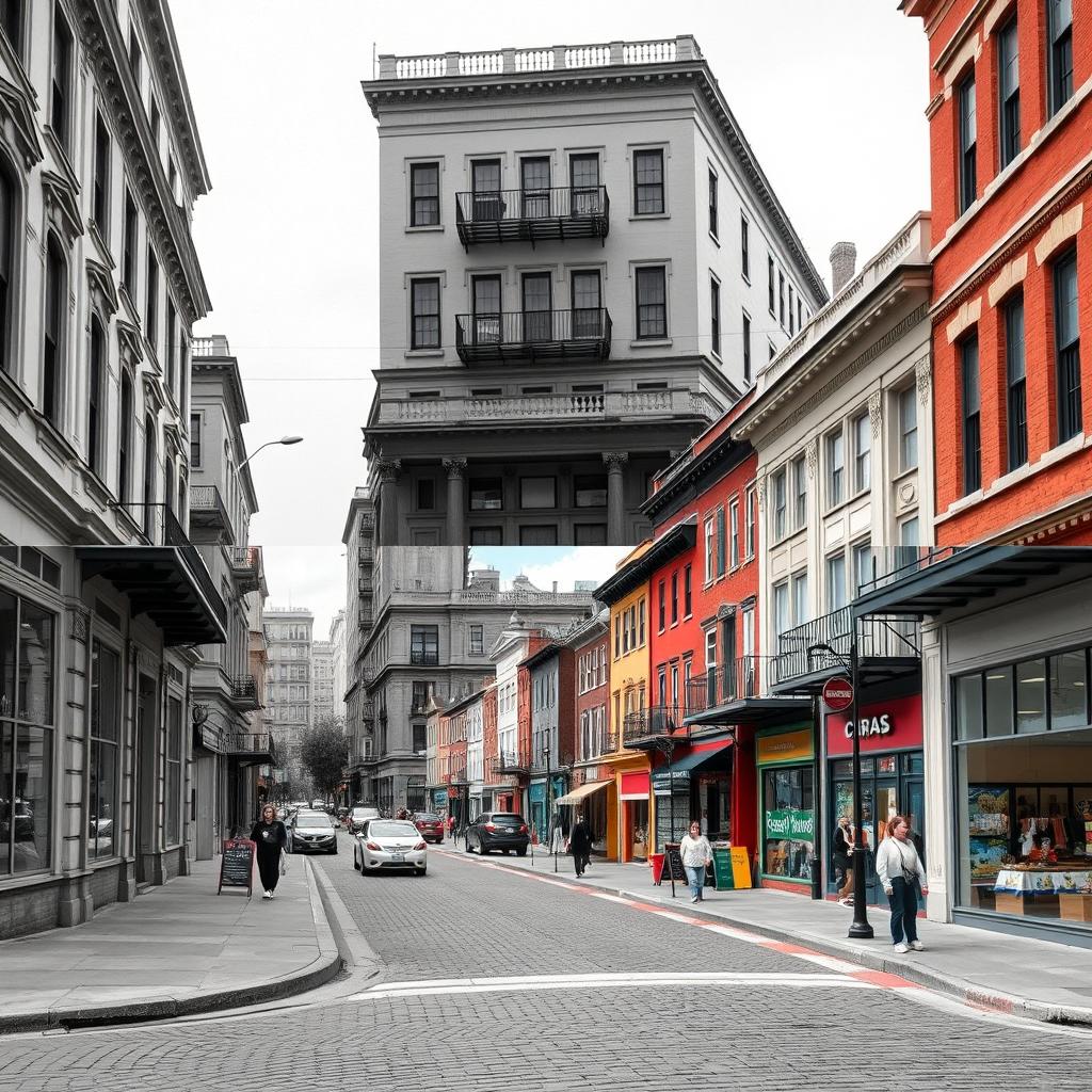 A composite image featuring a historic street in black and white, showcasing vintage architecture and classic street elements, seamlessly merged with a vibrant, colorful version of the same street from the present day