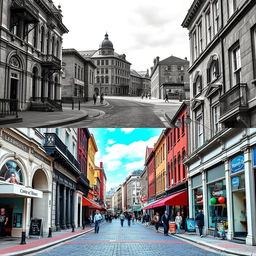 A composite image featuring a historic street in black and white, showcasing vintage architecture and classic street elements, seamlessly merged with a vibrant, colorful version of the same street from the present day