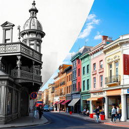 A composite image featuring a historic street in black and white, showcasing vintage architecture and classic street elements, seamlessly merged with a vibrant, colorful version of the same street from the present day