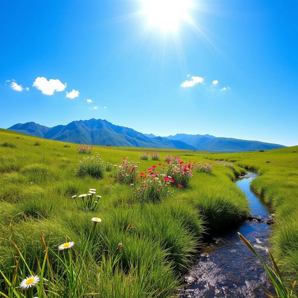 A vibrant landscape featuring a sunny day in a lush green meadow, with colorful wildflowers in shades of pink, white, and yellow scattering throughout the scene