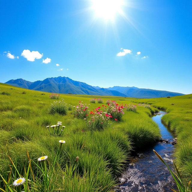 A vibrant landscape featuring a sunny day in a lush green meadow, with colorful wildflowers in shades of pink, white, and yellow scattering throughout the scene