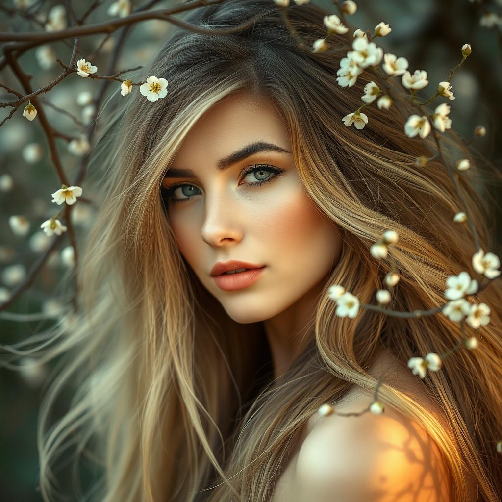 A stunning portrait of a woman with an artistic integration of tree branches surrounding her