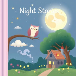 A whimsical and enchanting book cover design for a children's bedtime story collection titled 'Night Stories'