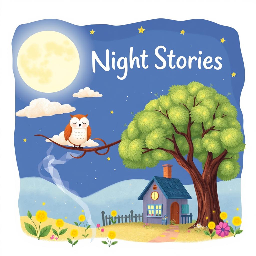 A whimsical and enchanting book cover design for a children's bedtime story collection titled 'Night Stories'