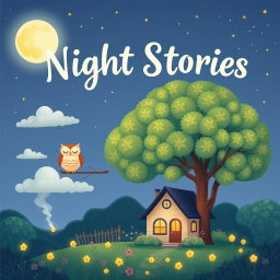 A whimsical and enchanting book cover design for a children's bedtime story collection titled 'Night Stories'