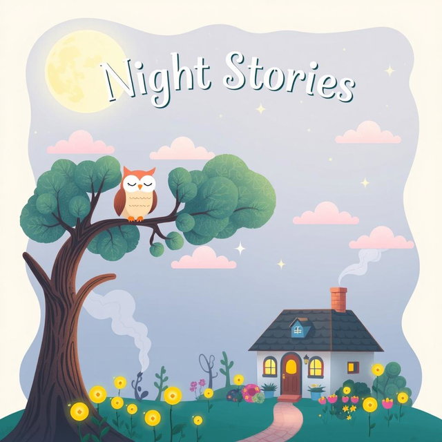 A whimsical and enchanting book cover design for a children's bedtime story collection titled 'Night Stories'