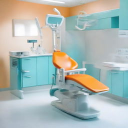 A dental unit with a striking color combination, featuring an orange dental chair against a white floor, with the rest of the room in light blue. The unit also includes modern dental equipment, offering a professional yet lively atmosphere.