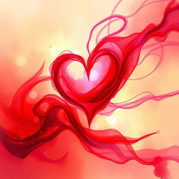 An abstract representation of the concept of love, depicted as vibrant red and pink swirling colors, with fluid shapes blending together to form a heart shape at the center