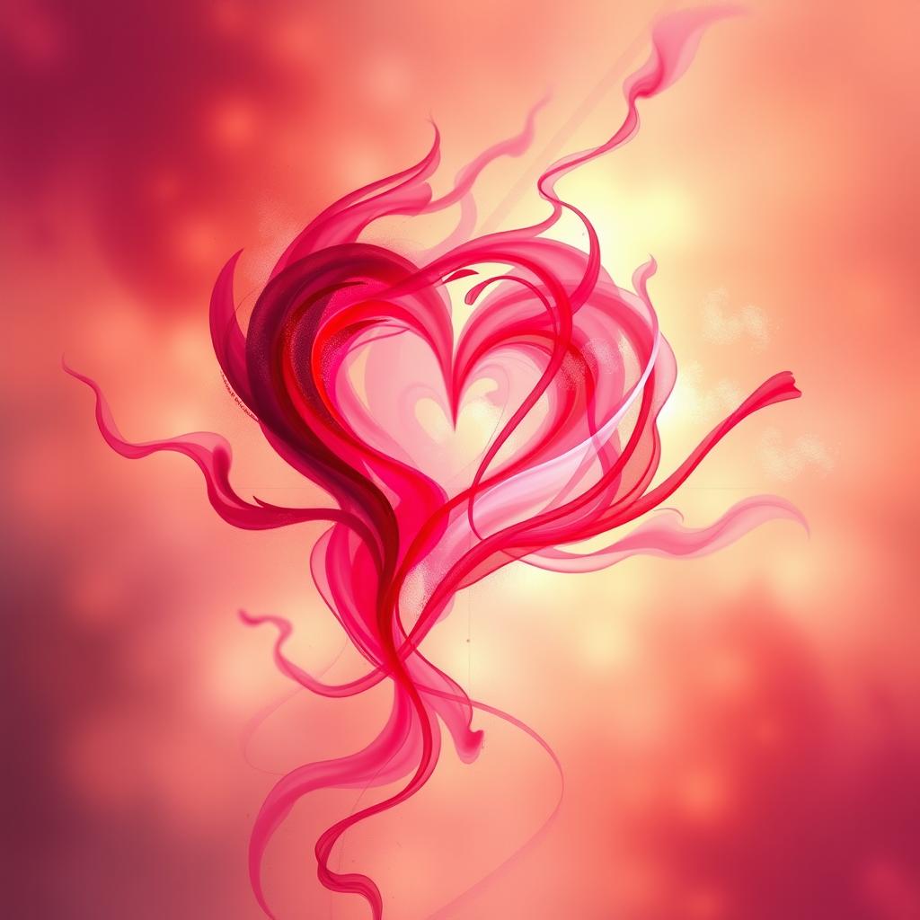 An abstract representation of the concept of love, depicted as vibrant red and pink swirling colors, with fluid shapes blending together to form a heart shape at the center