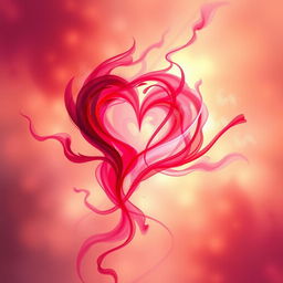 An abstract representation of the concept of love, depicted as vibrant red and pink swirling colors, with fluid shapes blending together to form a heart shape at the center