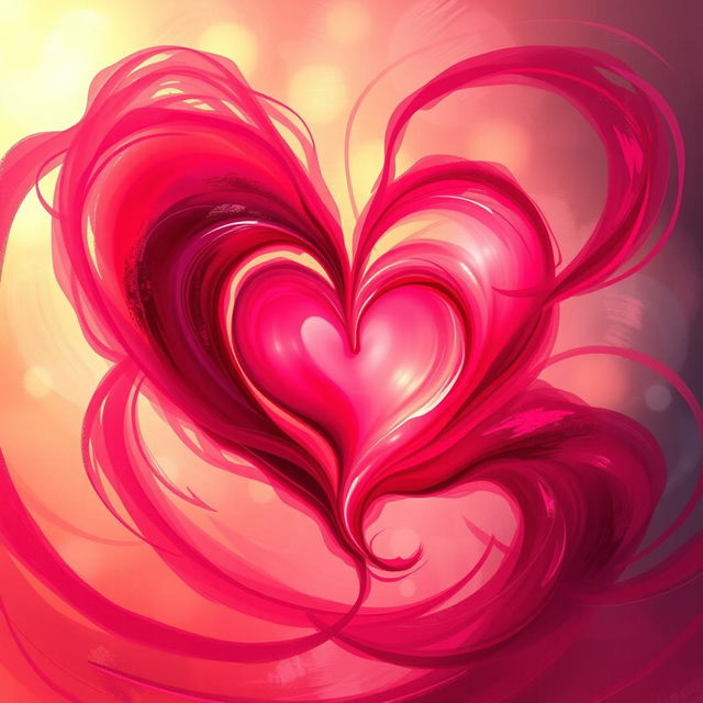 An abstract representation of the concept of love, depicted as vibrant red and pink swirling colors, with fluid shapes blending together to form a heart shape at the center