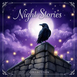 A captivating and mysterious book cover design for a children's bedtime story collection titled 'Night Stories'