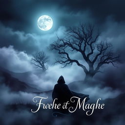 An enchanting book cover featuring a dark, mysterious landscape cloaked in swirling mist