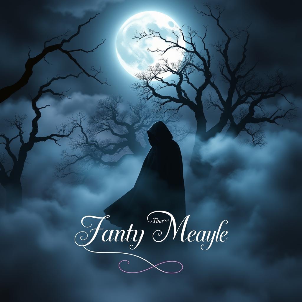 An enchanting book cover featuring a dark, mysterious landscape cloaked in swirling mist