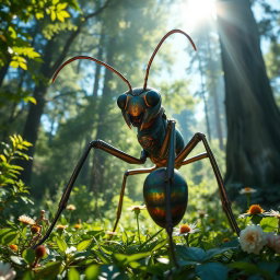 A giant ant the size of a human, standing upright in a lush green forest environment, with intricate details on its exoskeleton showcasing iridescent colors
