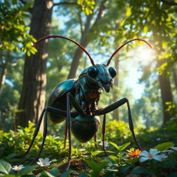 A giant ant the size of a human, standing upright in a lush green forest environment, with intricate details on its exoskeleton showcasing iridescent colors