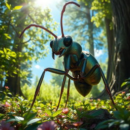 A giant ant the size of a human, standing upright in a lush green forest environment, with intricate details on its exoskeleton showcasing iridescent colors
