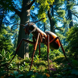 A giant ant the size of a human, standing upright in a lush green forest environment, with intricate details on its exoskeleton showcasing iridescent colors