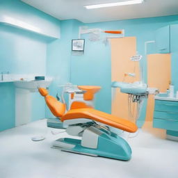 A dental unit with a striking color combination, featuring an orange dental chair against a white floor, with the rest of the room in light blue. The unit also includes modern dental equipment, offering a professional yet lively atmosphere.