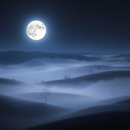 A tranquil landscape immersed in mystic mist under a dark night sky