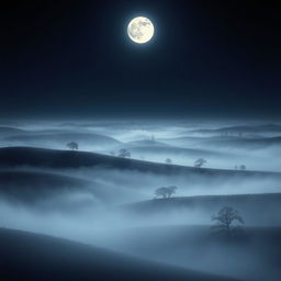 A tranquil landscape immersed in mystic mist under a dark night sky