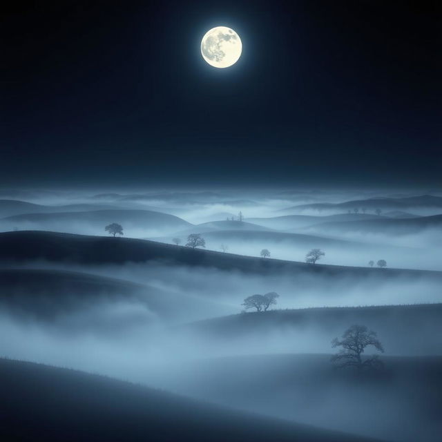A tranquil landscape immersed in mystic mist under a dark night sky