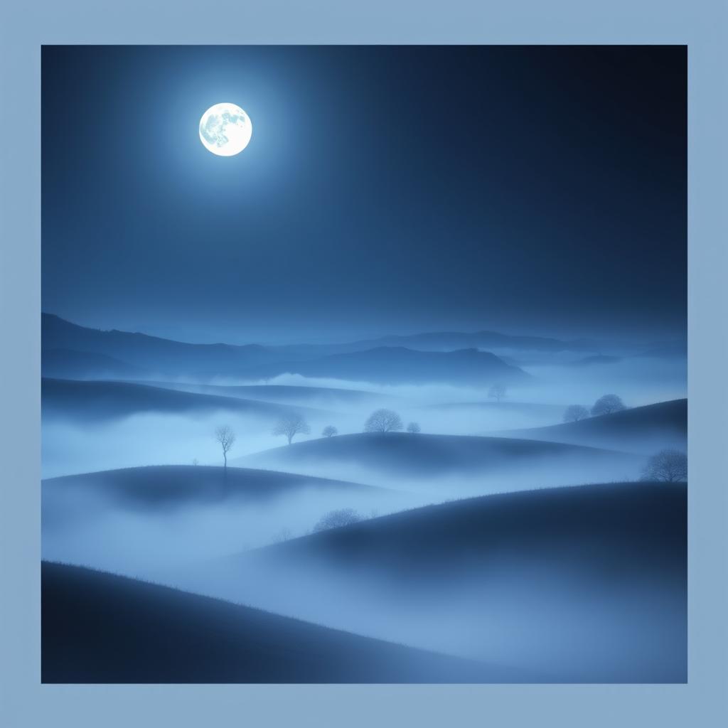 A tranquil landscape immersed in mystic mist under a dark night sky