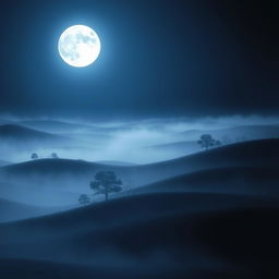 A tranquil landscape immersed in mystic mist under a dark night sky