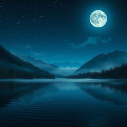 A serene and mystical night landscape that features a calm lake reflecting the soft glow of a full moon