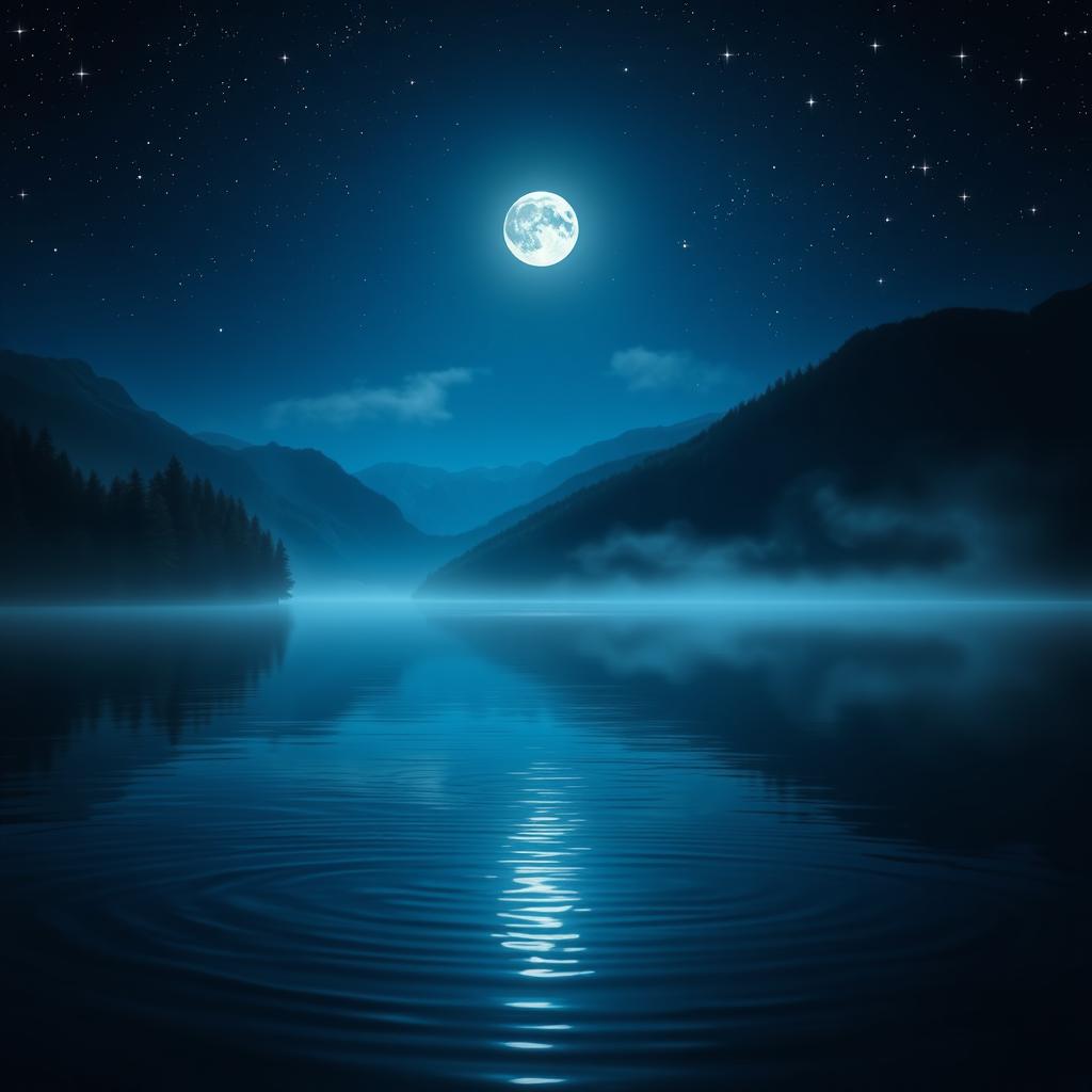 A serene and mystical night landscape that features a calm lake reflecting the soft glow of a full moon