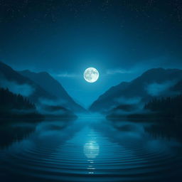A serene and mystical night landscape that features a calm lake reflecting the soft glow of a full moon