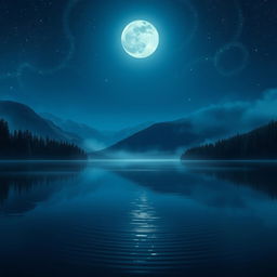 A serene and mystical night landscape that features a calm lake reflecting the soft glow of a full moon