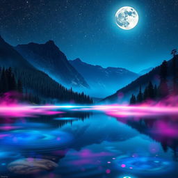 A vibrant and mystical night landscape that beautifully combines a calm lake, a glowing full moon, dense forest, majestic mountains, and a sprinkle of stardust across the sky