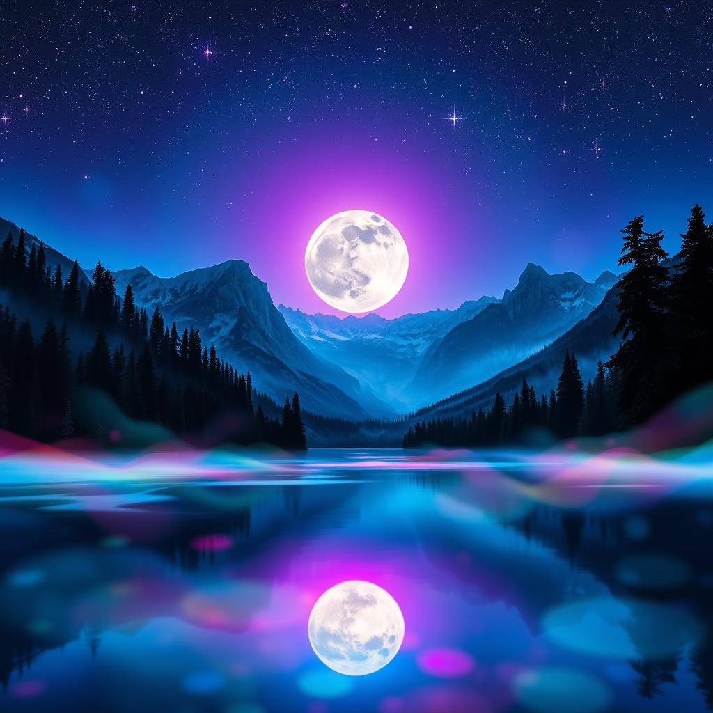 A vibrant and mystical night landscape that beautifully combines a calm lake, a glowing full moon, dense forest, majestic mountains, and a sprinkle of stardust across the sky
