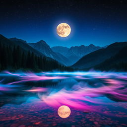 A vibrant and mystical night landscape that beautifully combines a calm lake, a glowing full moon, dense forest, majestic mountains, and a sprinkle of stardust across the sky