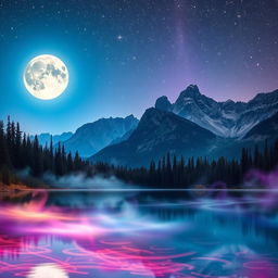 A vibrant and mystical night landscape that beautifully combines a calm lake, a glowing full moon, dense forest, majestic mountains, and a sprinkle of stardust across the sky